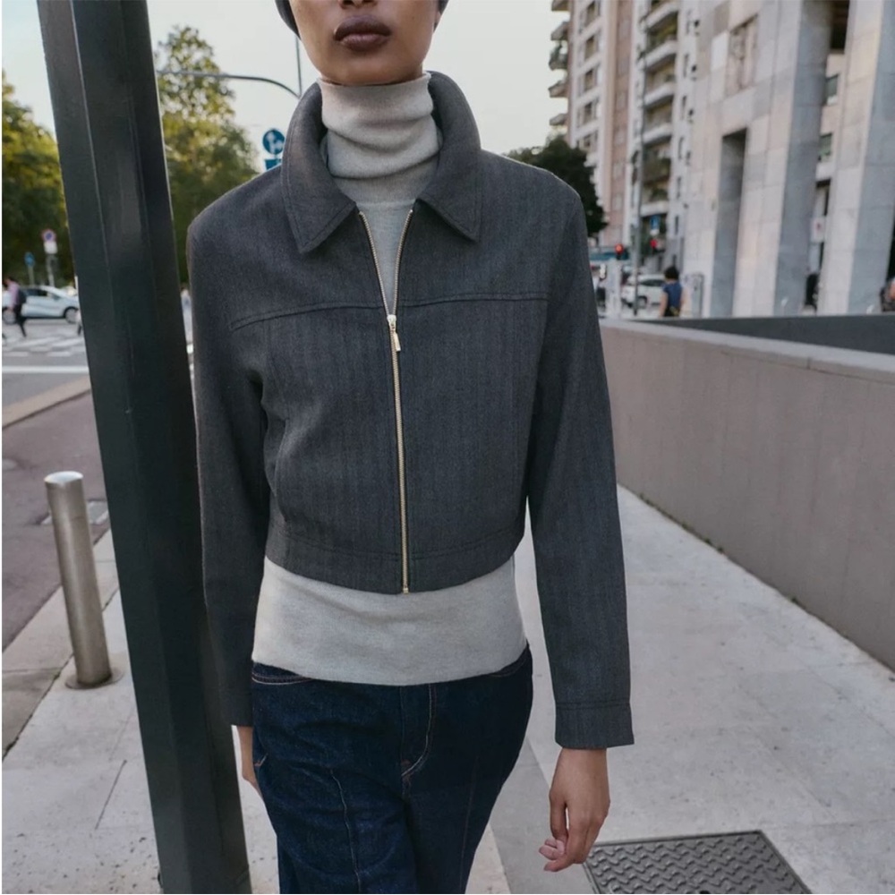 Zara Herringbone Cropped Blazer
